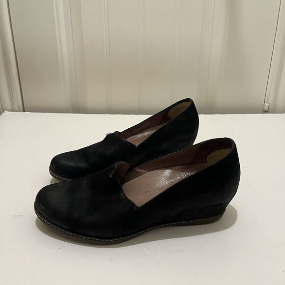 Dansko Womens Liliana Clog Size 38 7.5 Black Nubuck Low Wedge Slip On Work Shoe - Picture 1 of 10
